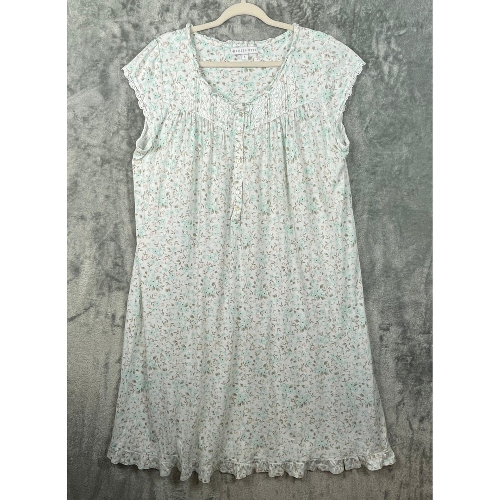 Eileen West Nightgown Large‎ Ivory Floral Cottagecore Prairie Cap Sleeve Lace